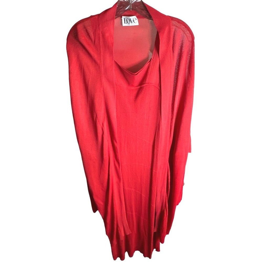 Love Two-piece Evening Long Bright Red Cardigan and Dress sleeveless lined loose